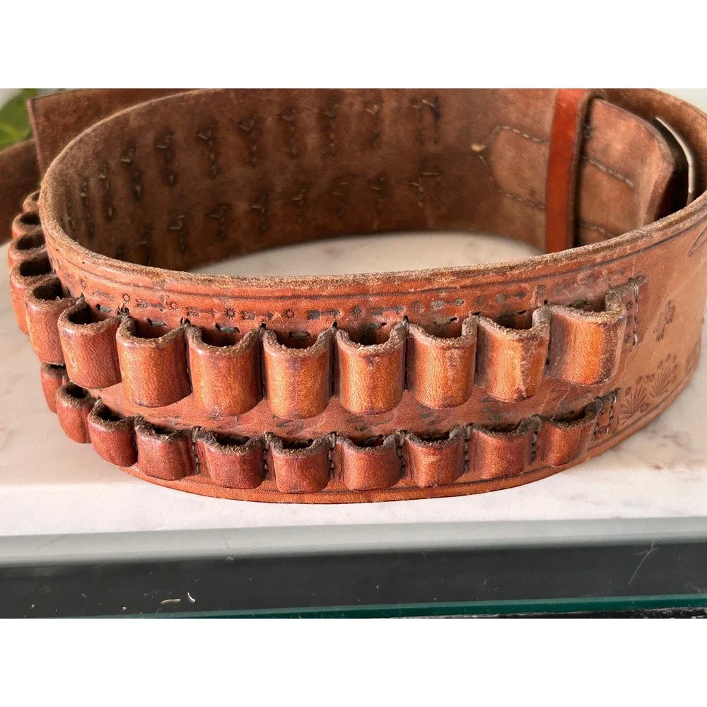 Vintage Tooled Leather Cartridge Belt Western Cowboy Longhorn Cactus 36 Inch